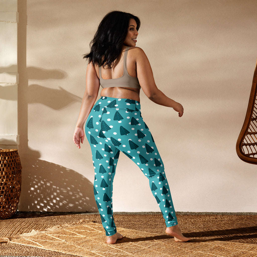 Women’s teal butter soft yoga leggings with dark teal winter tree pattern and white polka dots