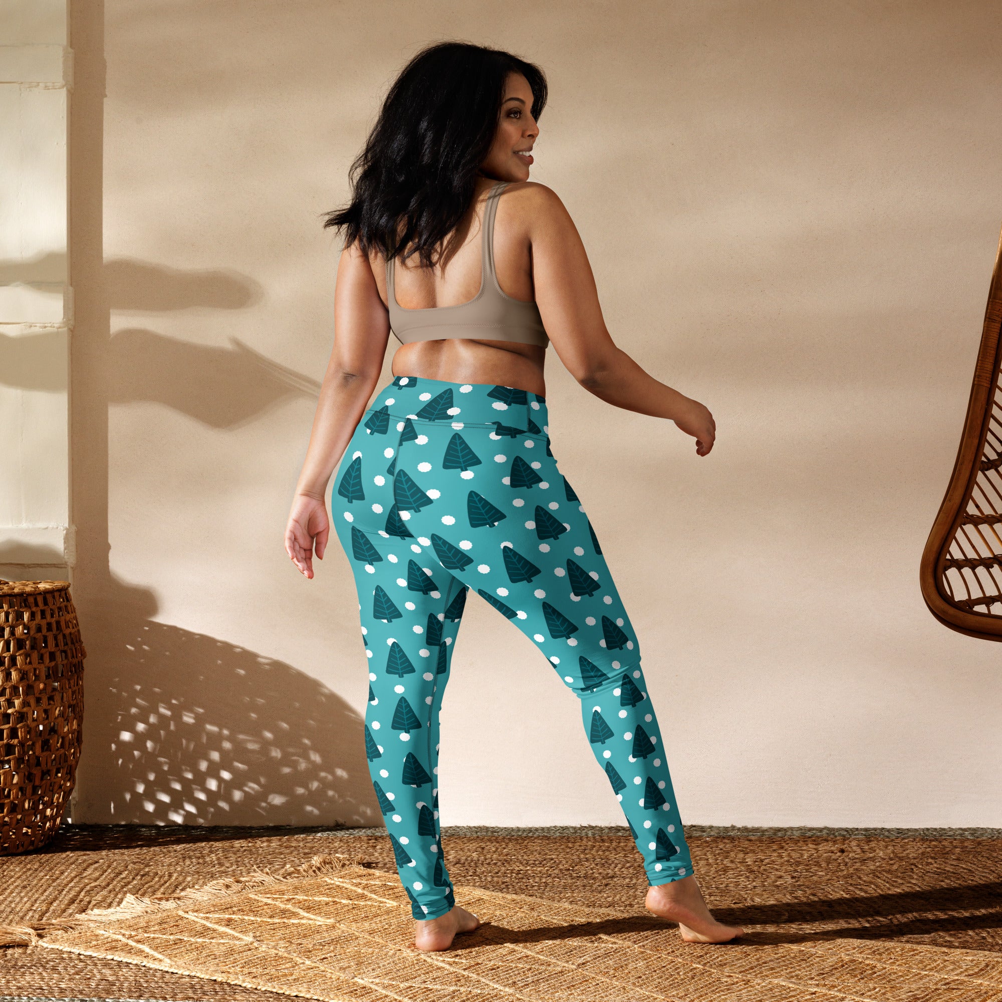 Women’s teal butter soft yoga leggings with dark teal winter tree pattern and white polka dots
