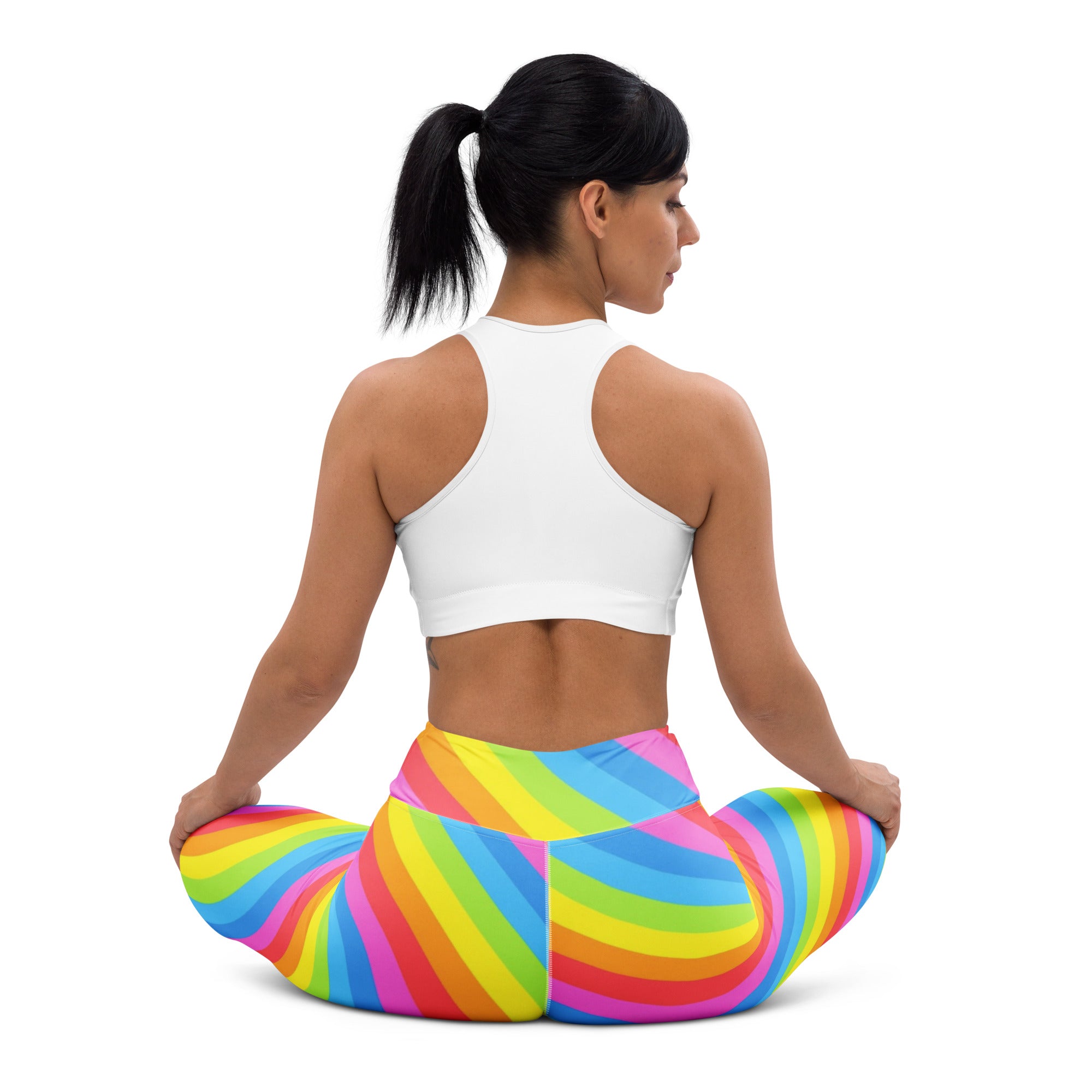 Women’s rainbow stripe buttery soft high waisted yoga leggings with snug form fitting quick drying design