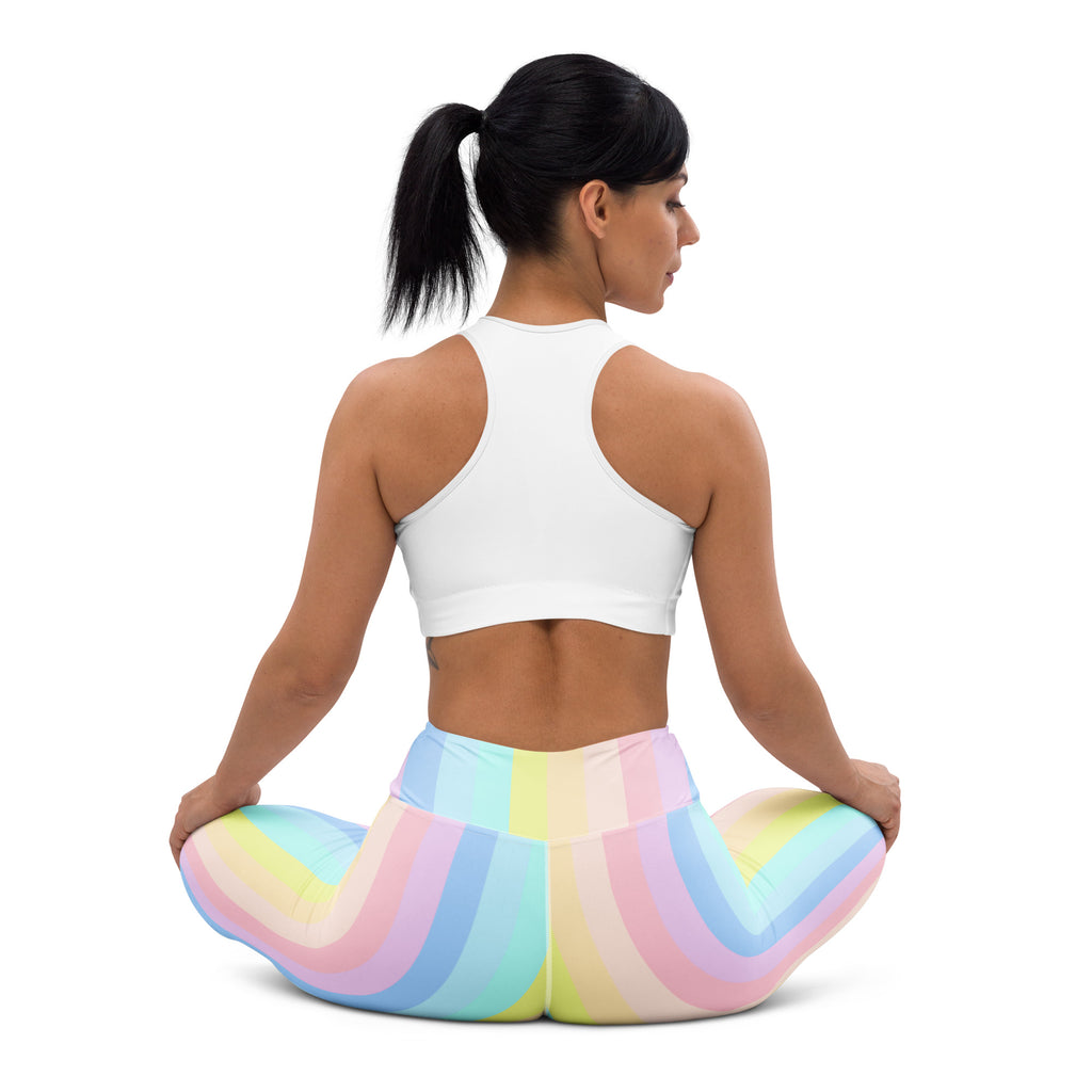 Women’s pastel rainbow stripe buttery soft high waisted yoga leggings designed for quick drying and comfort