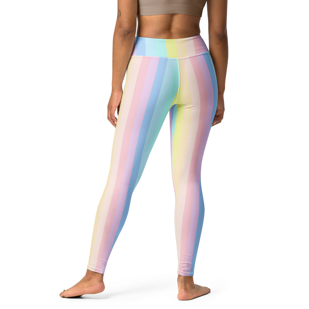 Women’s pastel rainbow stripe high waisted buttery soft yoga leggings with quick drying fabric for comfort