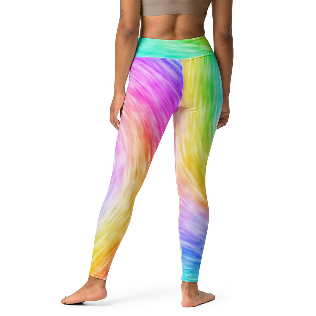 Vibrant rainbow swirl high-waisted yoga leggings with buttery soft stretchy seamless fabric for quick drying comfort