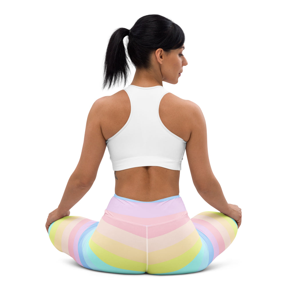 Women’s pastel rainbow stripe buttery soft high waisted yoga leggings shown from the back for quick drying comfort