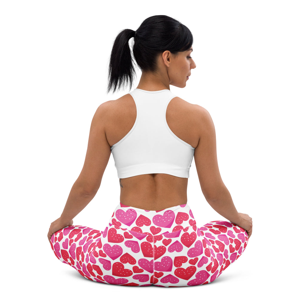 Women’s high waisted buttery soft yoga leggings with pink and red hearts on white base quick drying fabric