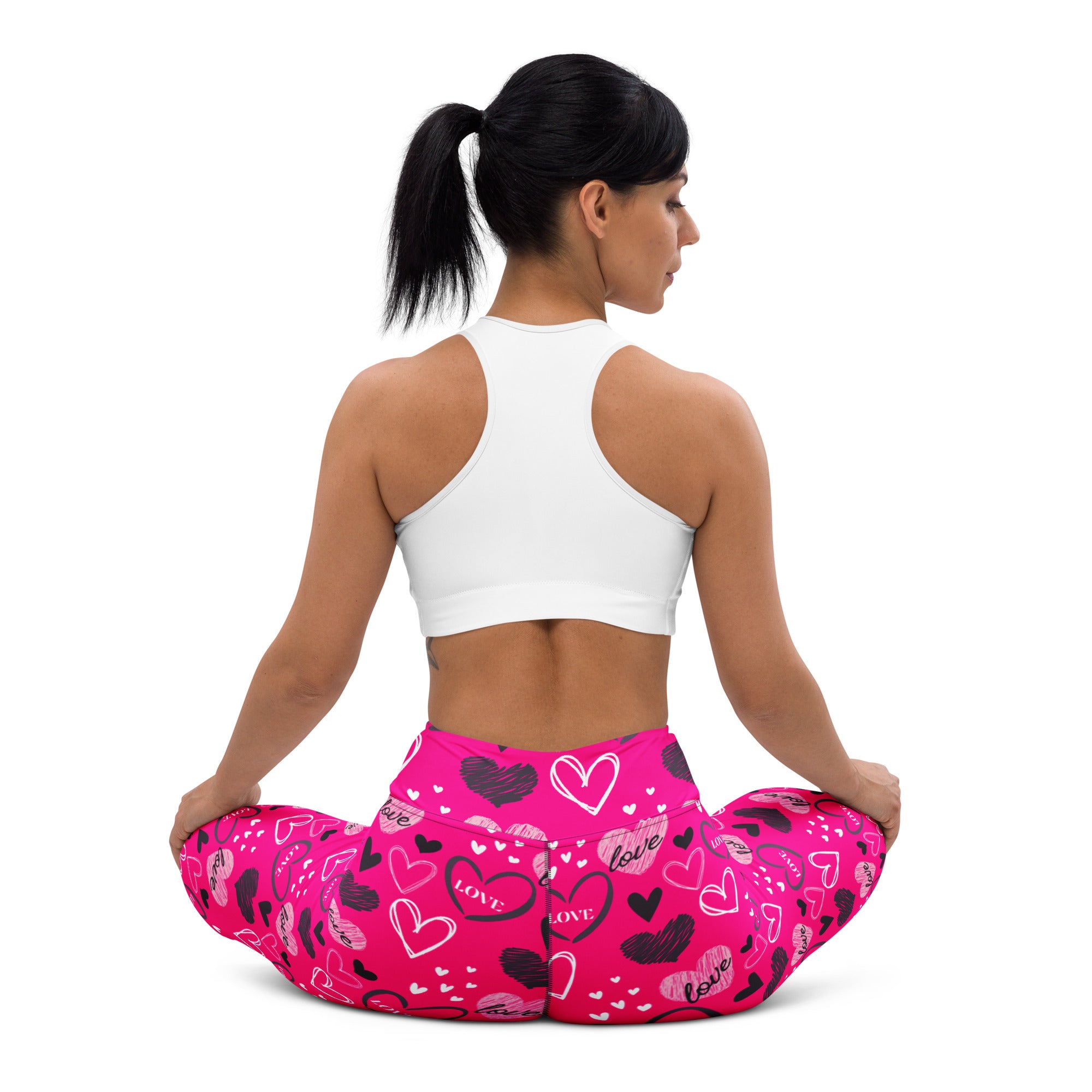 Women’s hot pink love buttery soft yoga leggings with black and white heart patterns and high waisted comfort