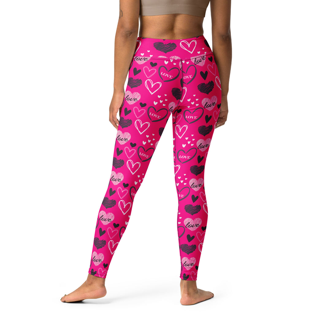 Women’s hot pink buttery soft yoga leggings with black and white heart love pattern quick drying high waisted comfort