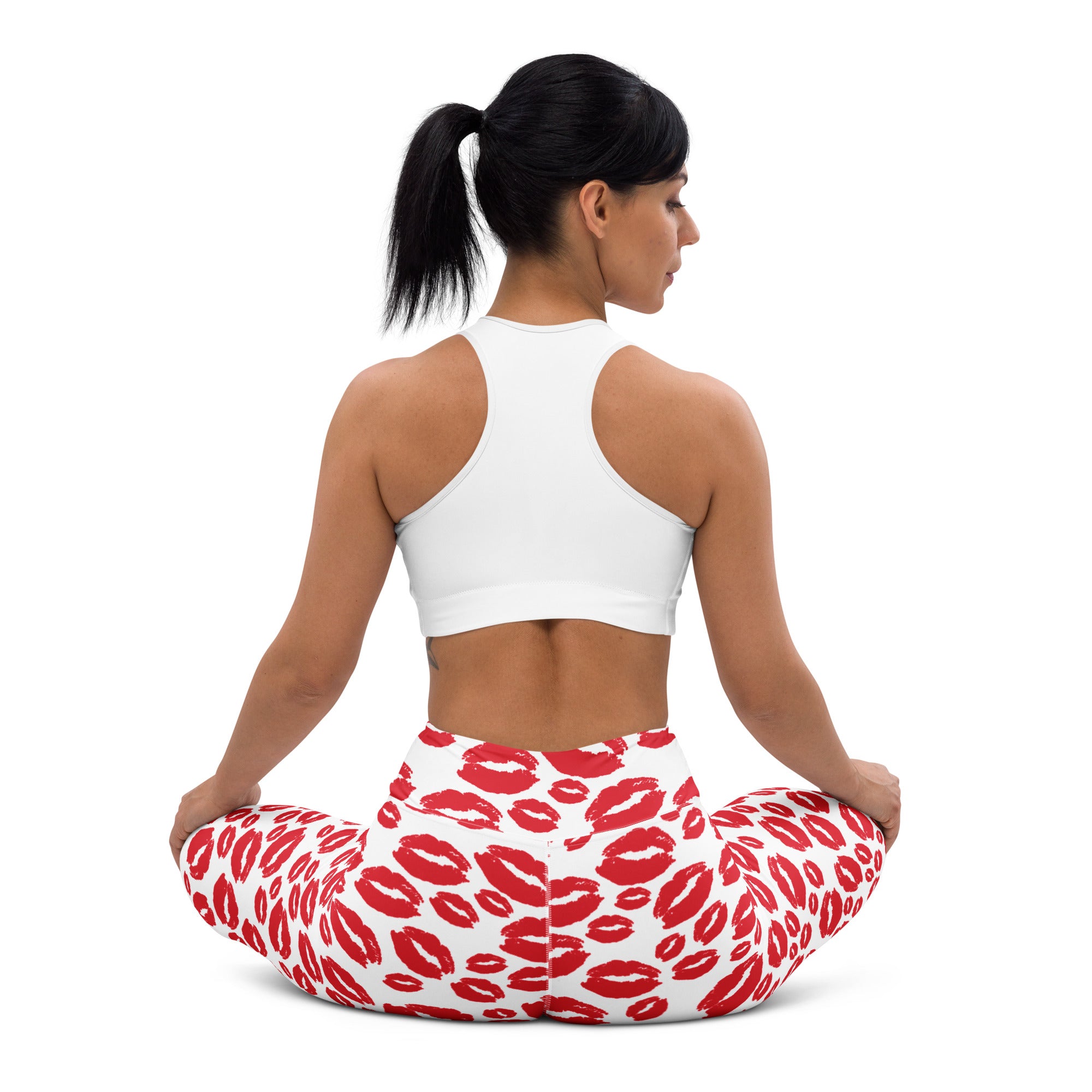 Women’s red kiss print buttery soft yoga leggings with white and red lipstick prints high waisted quick drying