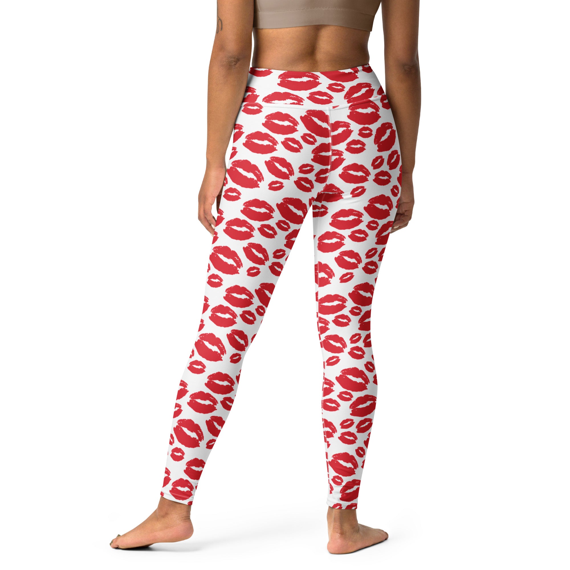 Women’s white high-waisted yoga leggings with red lipstick kiss print buttery soft quick drying fabric