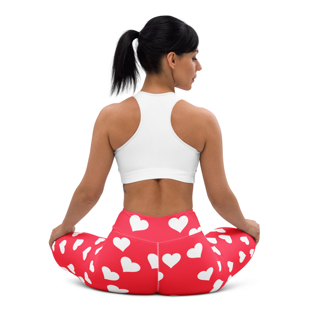 Women’s bright pink high waisted buttery soft yoga leggings with red heart print quick drying for comfort