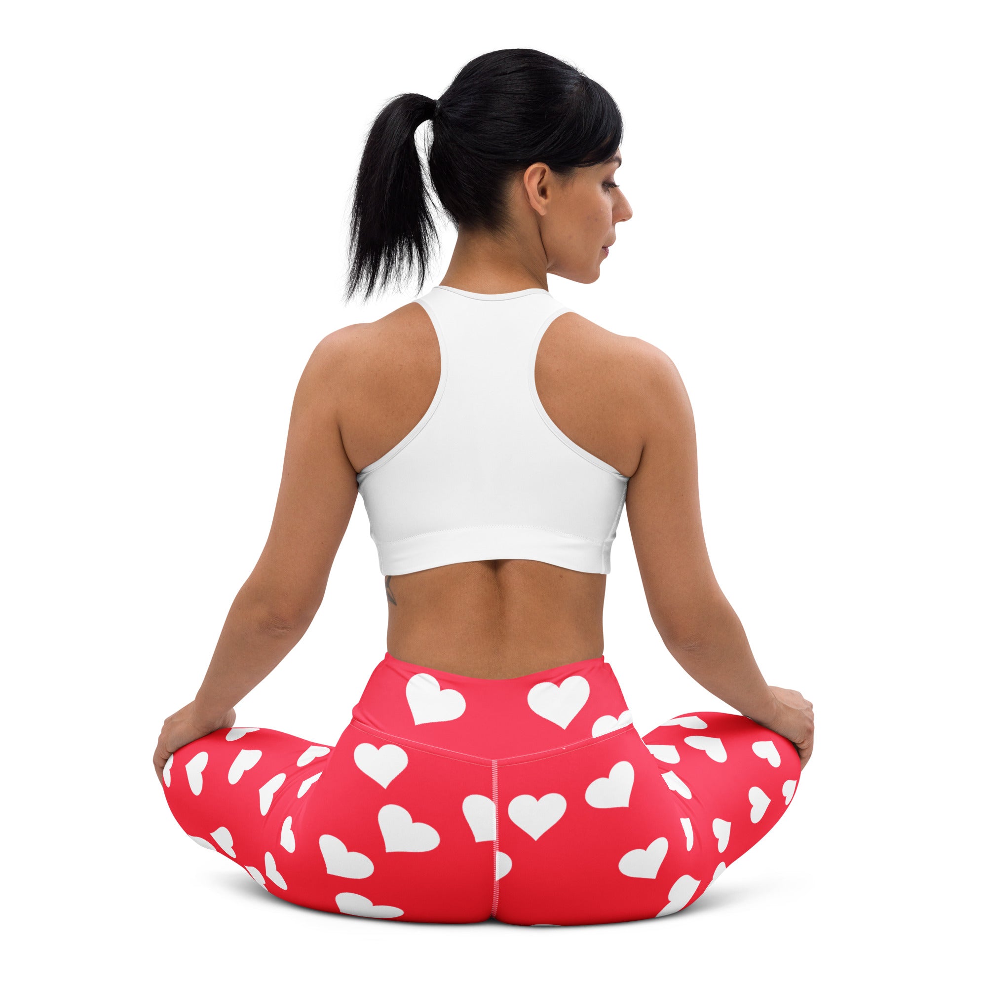 Women’s bright pink high waisted buttery soft yoga leggings with red heart print quick drying for comfort