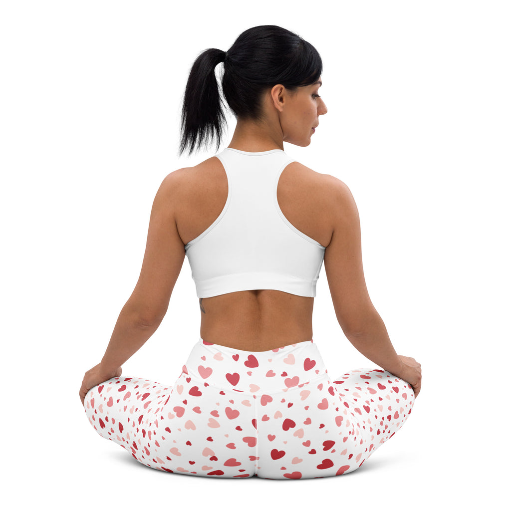 Women’s white blush heart buttery soft high waisted yoga leggings with red and pink heart pattern quick drying