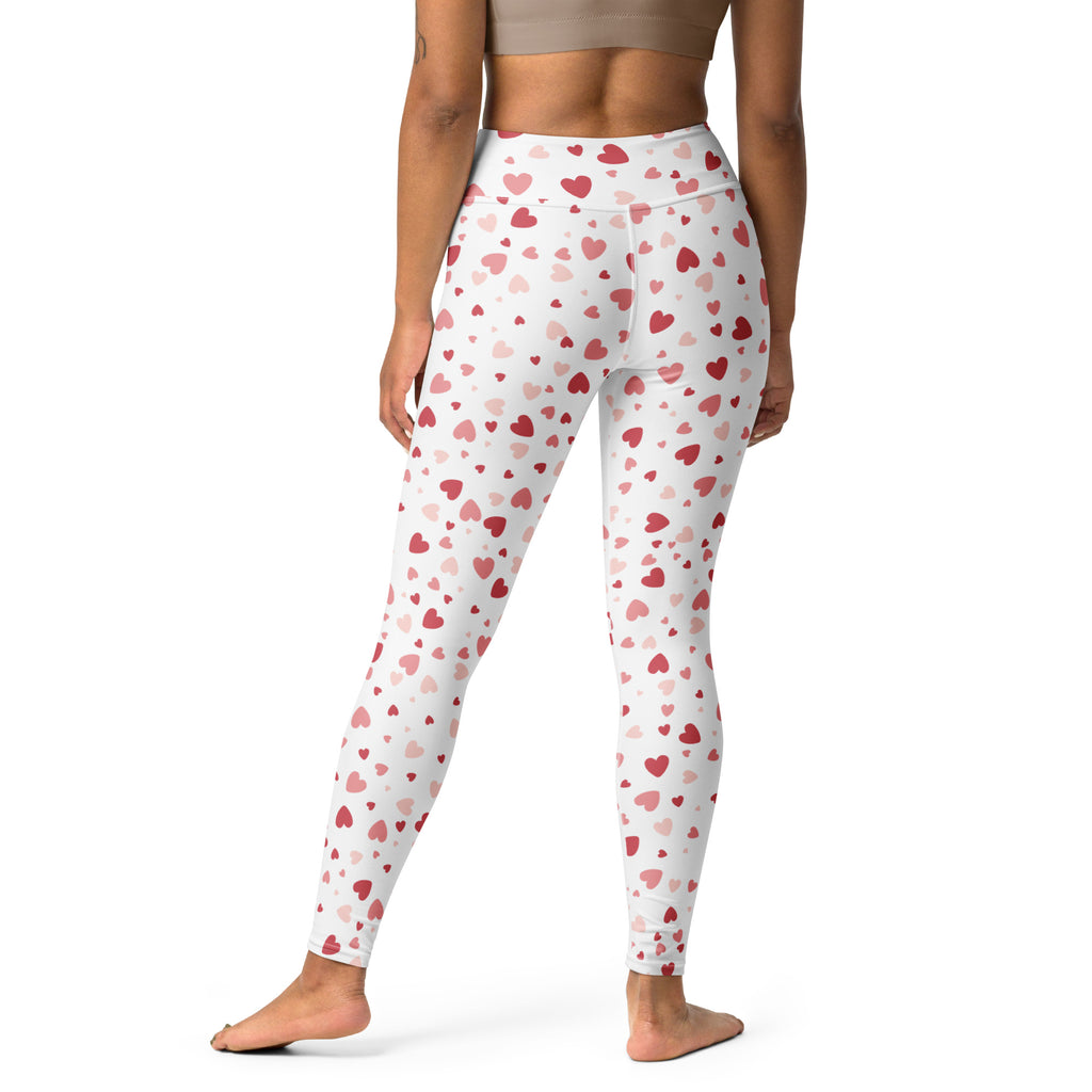 Women’s white blush heart buttery soft yoga leggings with scattered red and pink hearts quick drying high waisted