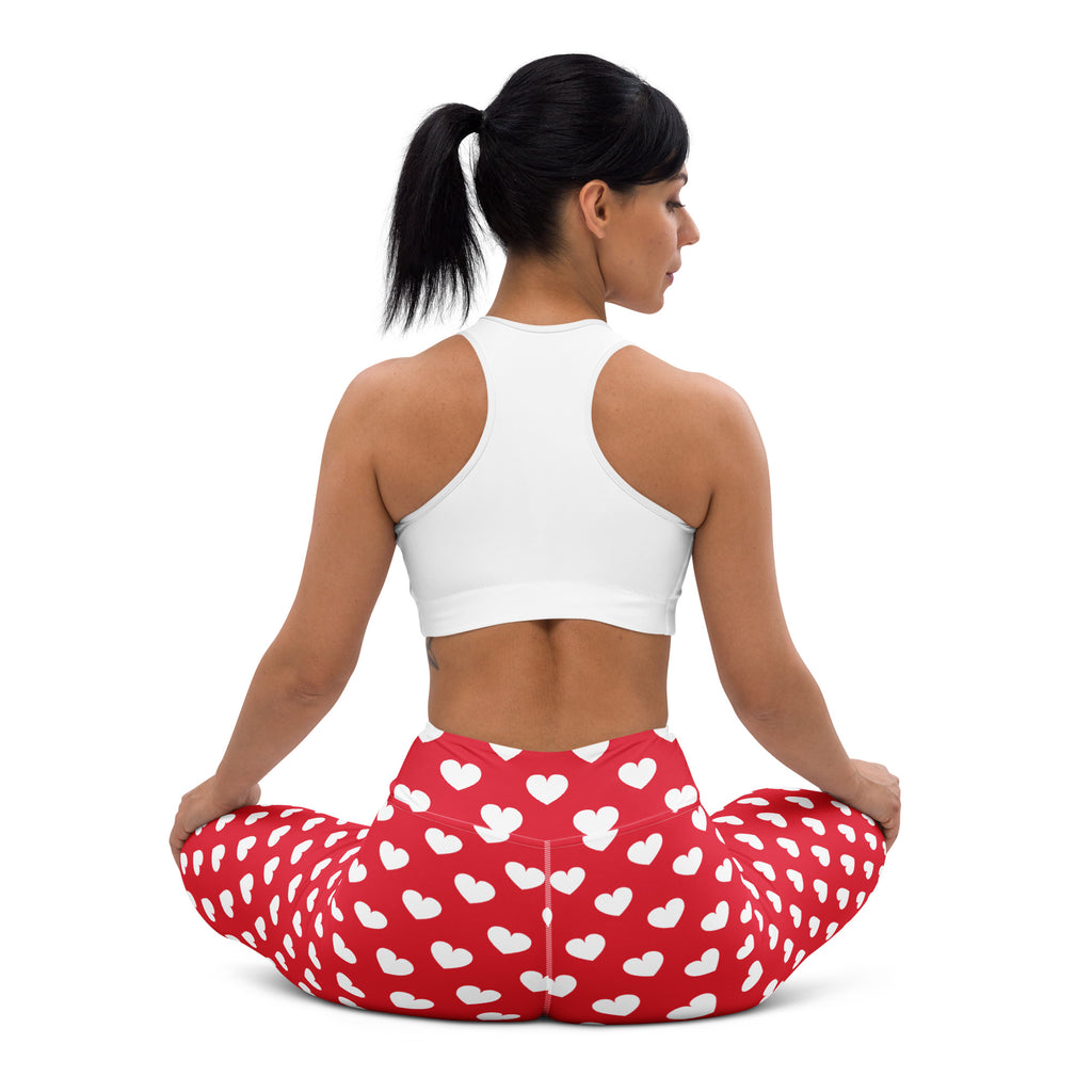 Women’s red heart high waisted yoga leggings with white hearts on buttery soft quick drying fabric