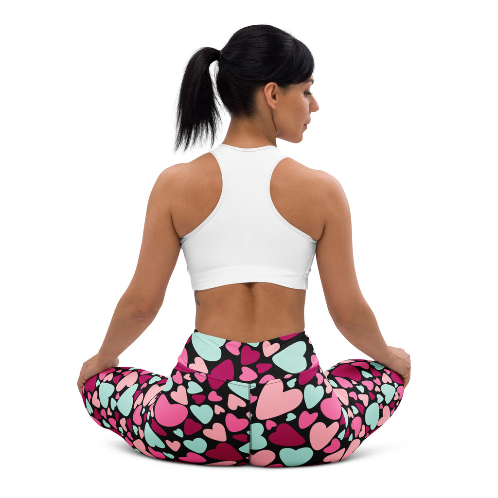 Women’s colorful hearts buttery soft high waisted yoga leggings in black pink and mint green quick drying
