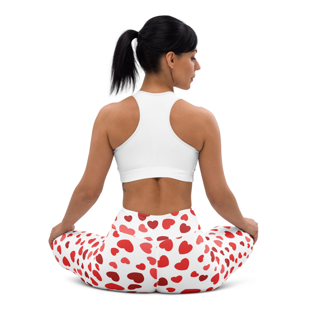 White leggings with red heart patterns featuring buttery soft fabric high waisted quick drying yoga comfort