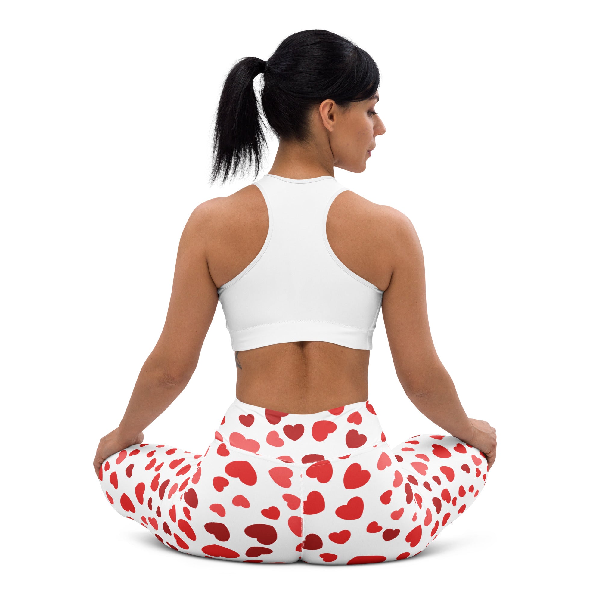White leggings with red heart patterns featuring buttery soft fabric high waisted quick drying yoga comfort