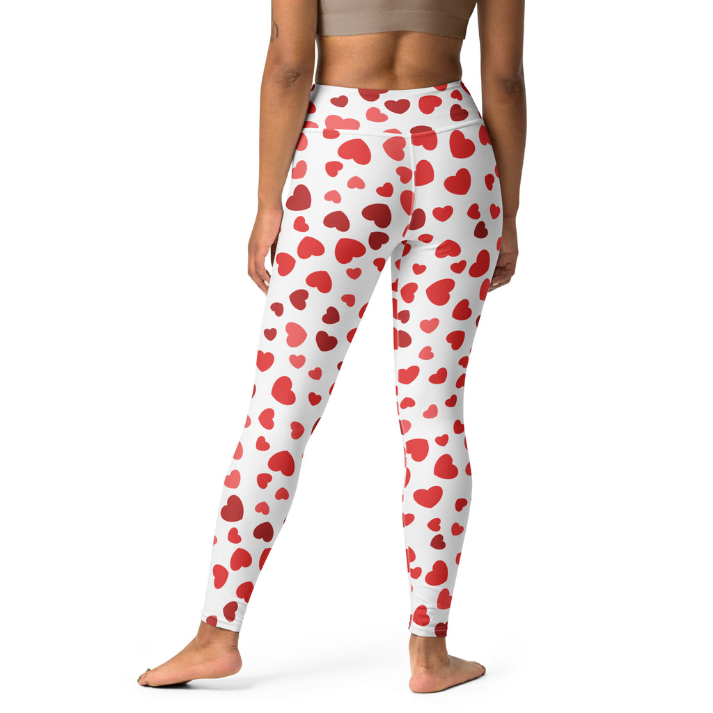 White buttery soft high waisted yoga leggings with a red hearts pattern for valentine quick drying comfort