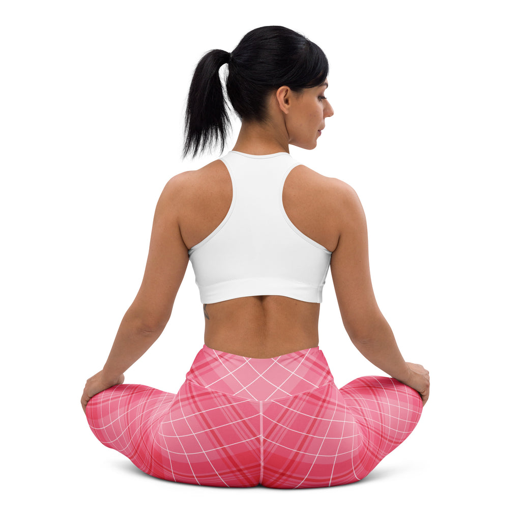 Women’s pink plaid buttery soft yoga leggings with white grid pattern quick drying high waisted comfort