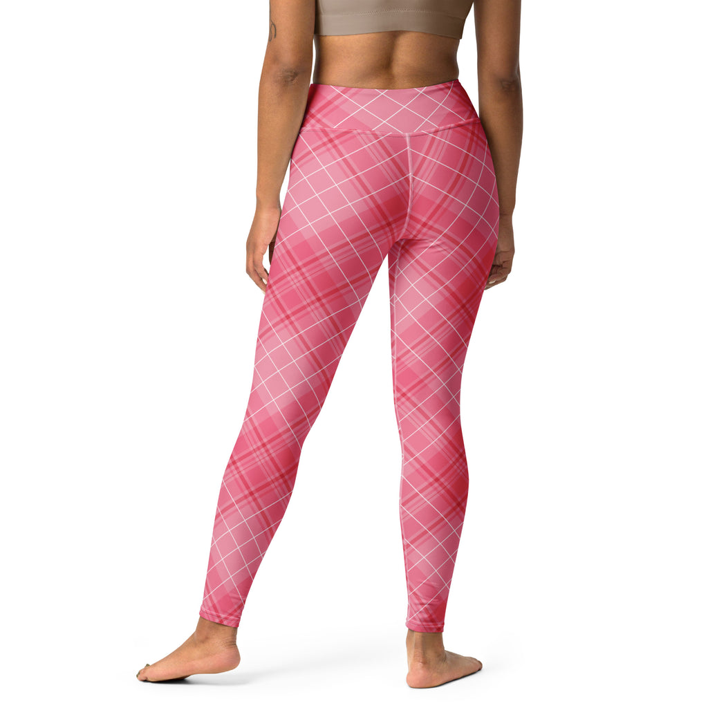 Women’s pink plaid high-waisted buttery soft yoga leggings with gradient effect and white intersecting lines