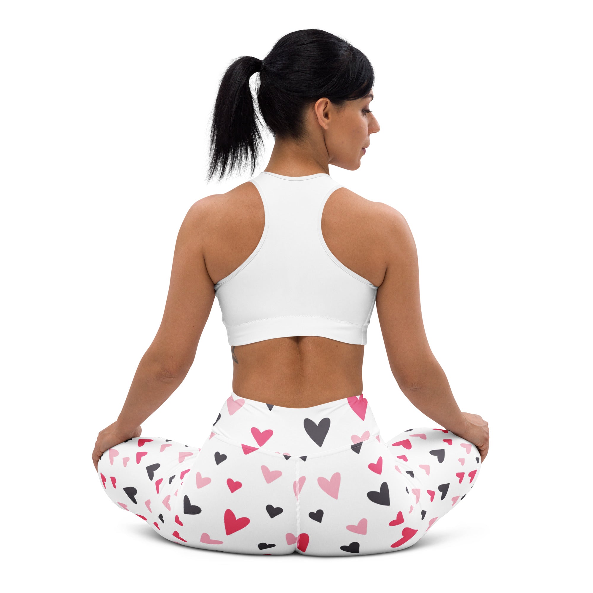 Women’s white heart valentine buttery soft yoga leggings with pink black and dark red heart pattern and quick drying fabric
