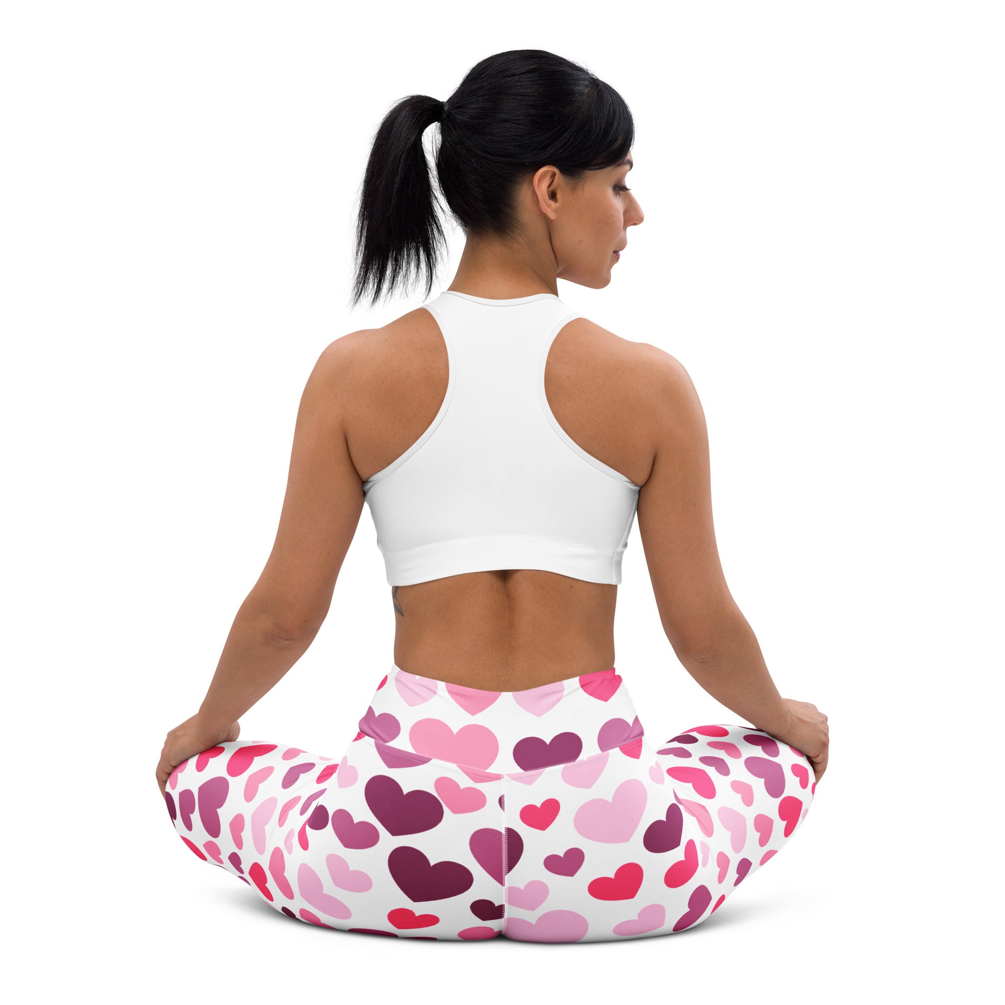 Women’s white buttery soft yoga leggings with vibrant pink and purple heart pattern quick drying high waisted comfort