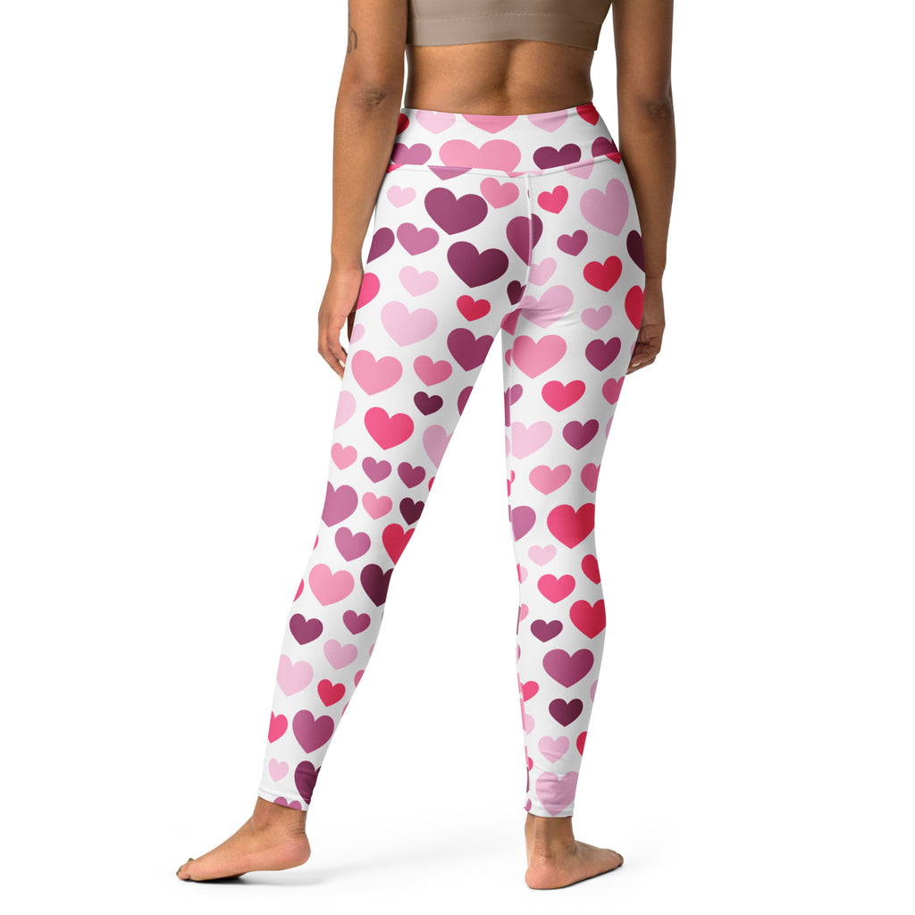 Women’s white leggings with pink and purple heart pattern buttery soft high waisted quick drying yoga leggings