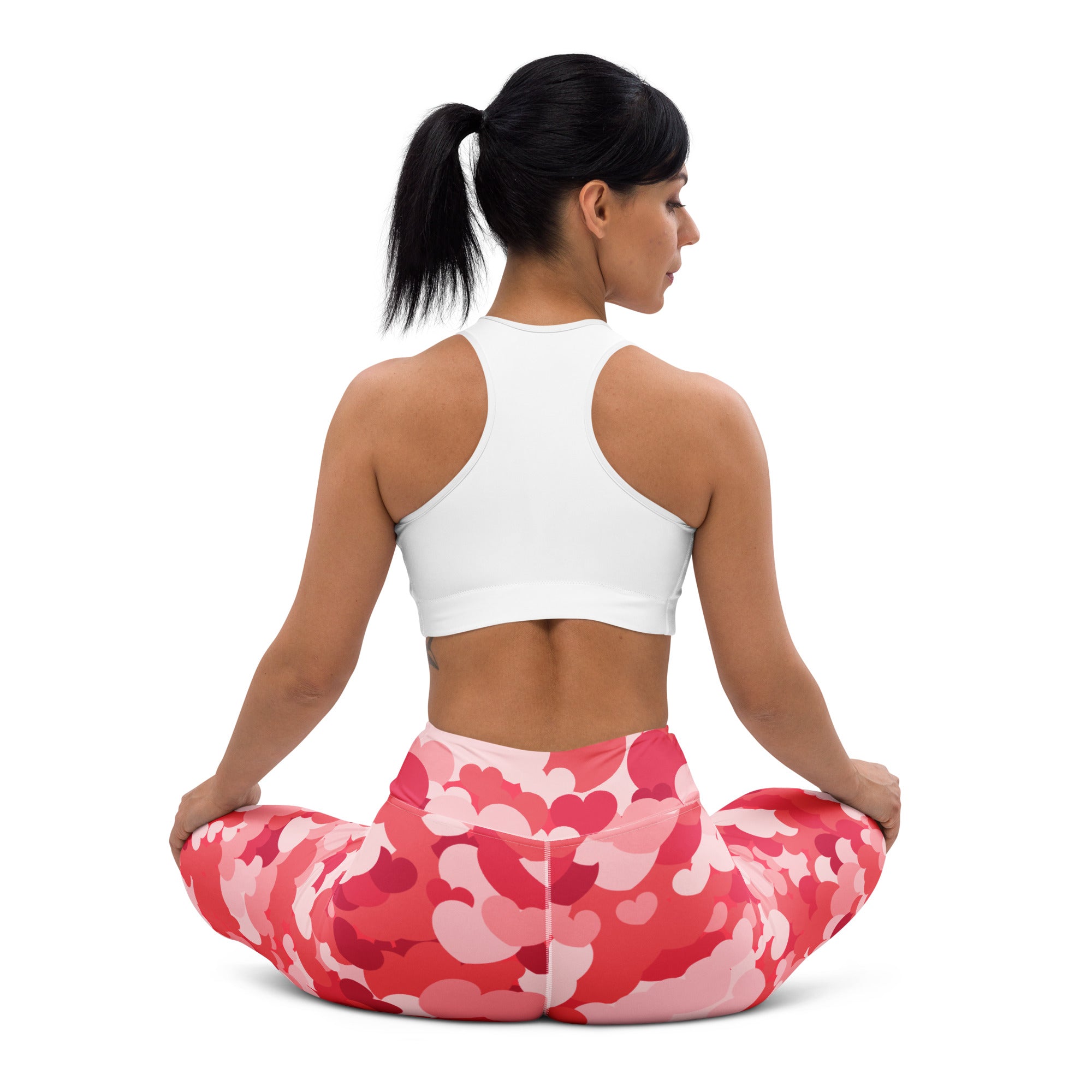 Women’s pink heart camouflage yoga pants made from buttery soft quick drying fabric with high waisted comfort