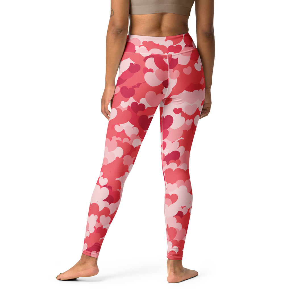 Women’s pink and red heart-patterned high-waisted buttery soft yoga leggings with quick-drying comfort
