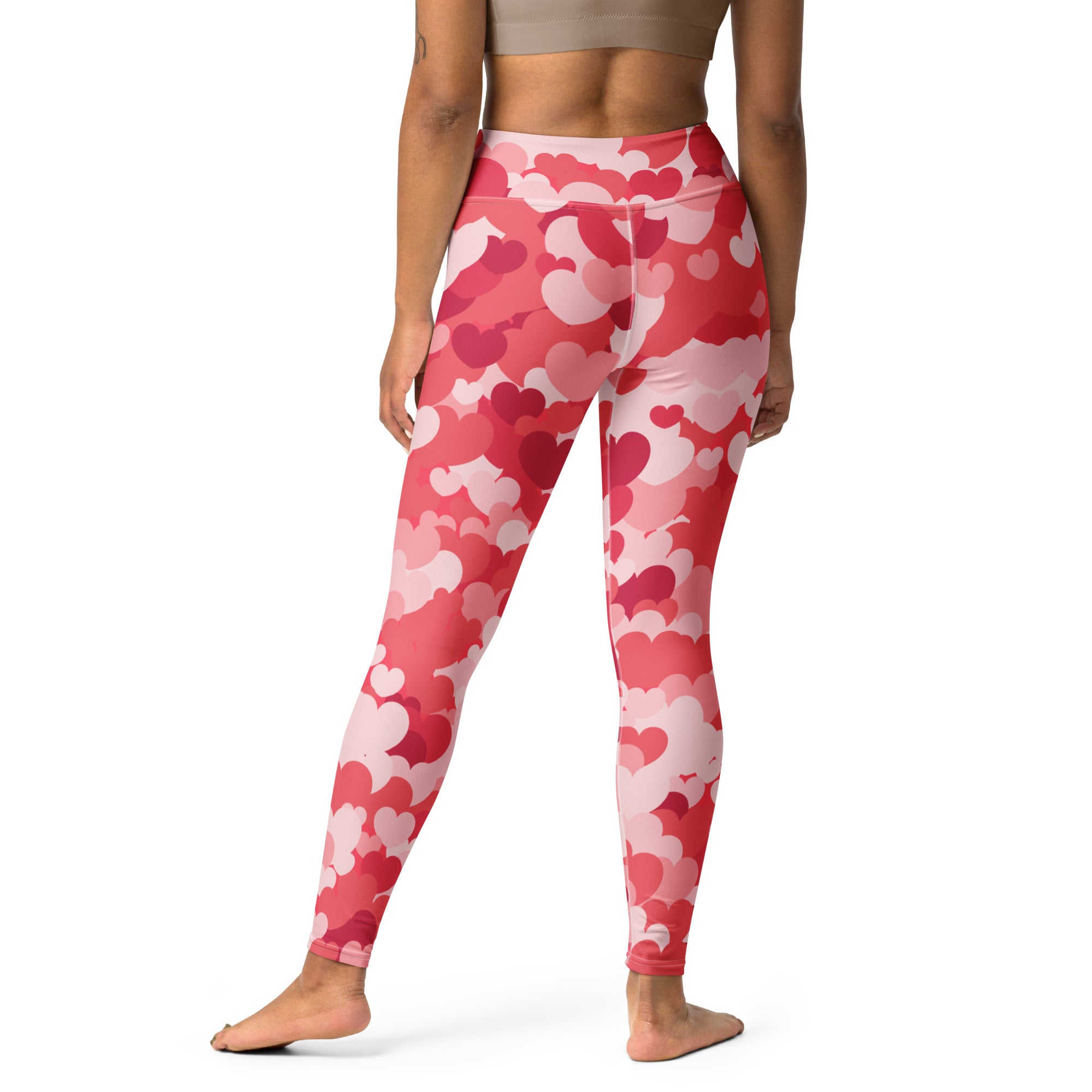 Women’s pink and red heart-patterned high-waisted buttery soft yoga leggings with quick-drying comfort