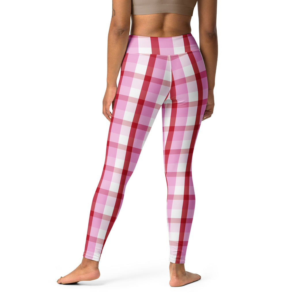 Women’s pink and white plaid high waisted buttery soft yoga leggings with quick drying comfort