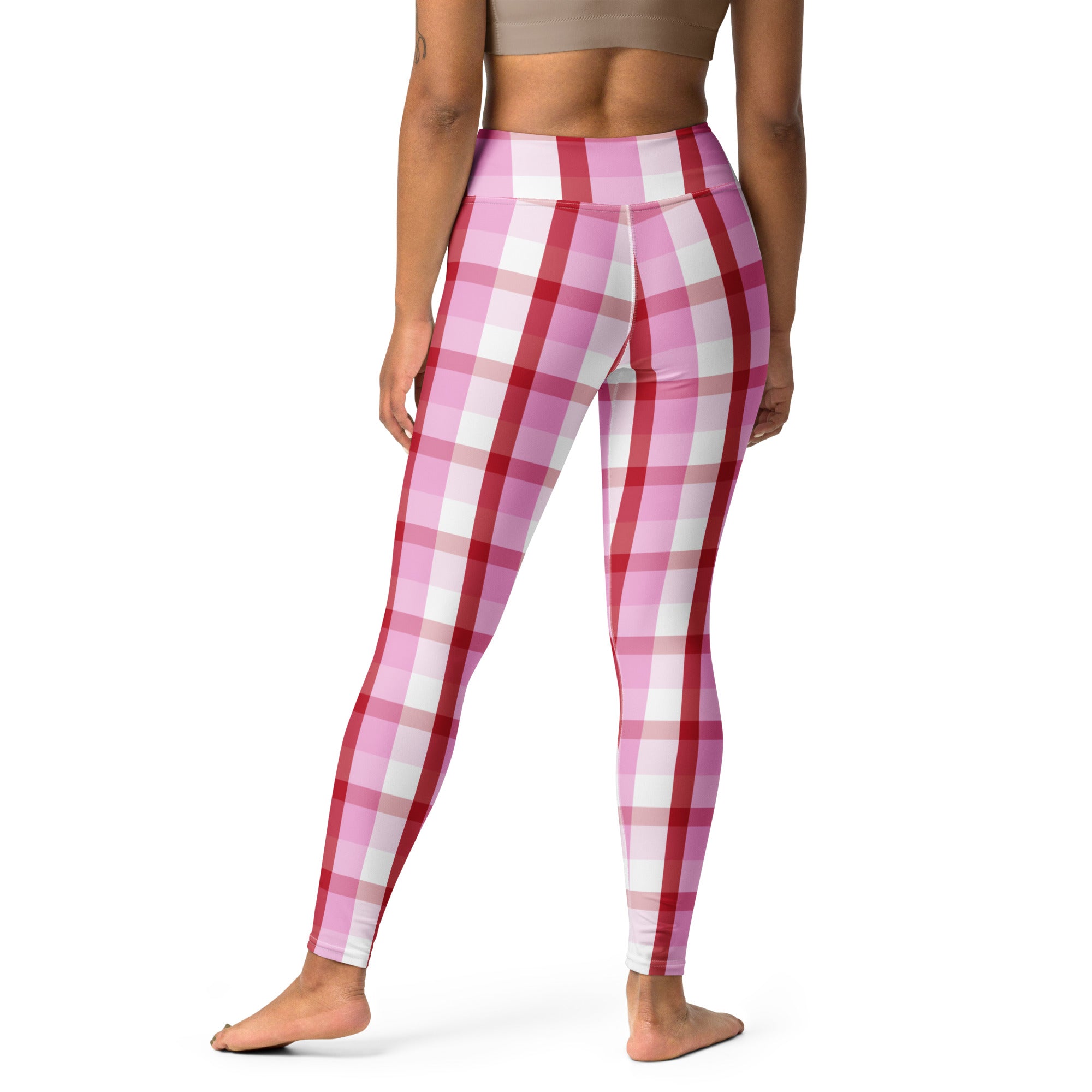 Women’s pink and white plaid high waisted buttery soft yoga leggings with quick drying comfort