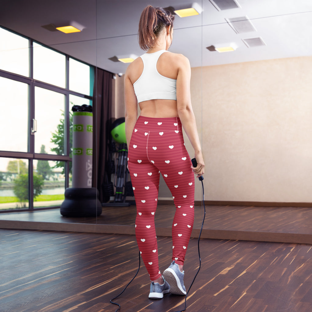 Women’s pink high waisted yoga leggings with red heart pattern white stripes buttery soft quick drying fabric