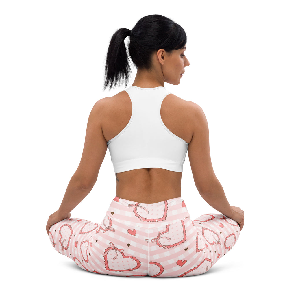 Women’s pink bow heart plaid buttery soft high waisted yoga leggings with playful heart bonnet pattern and lace trim