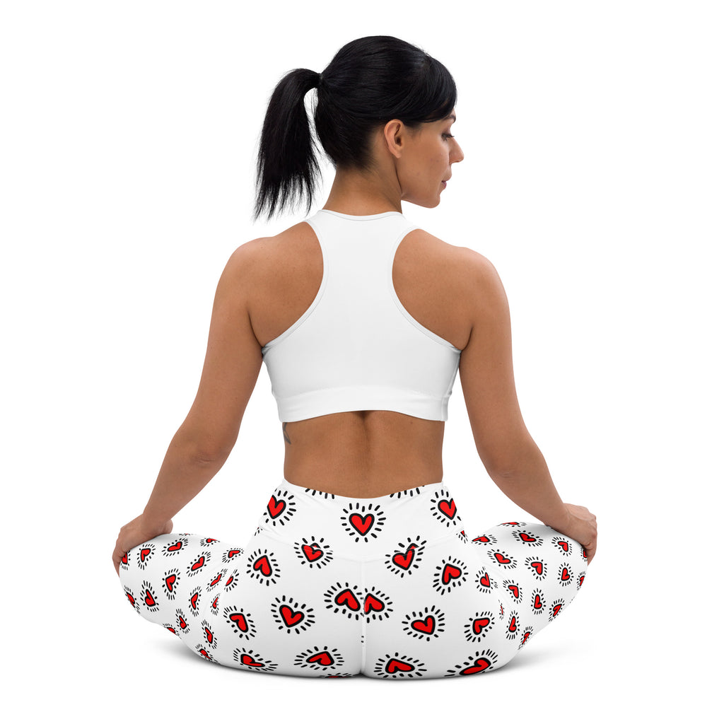 Women’s white buttery soft yoga pants with red heart pattern high waisted quick drying comfort