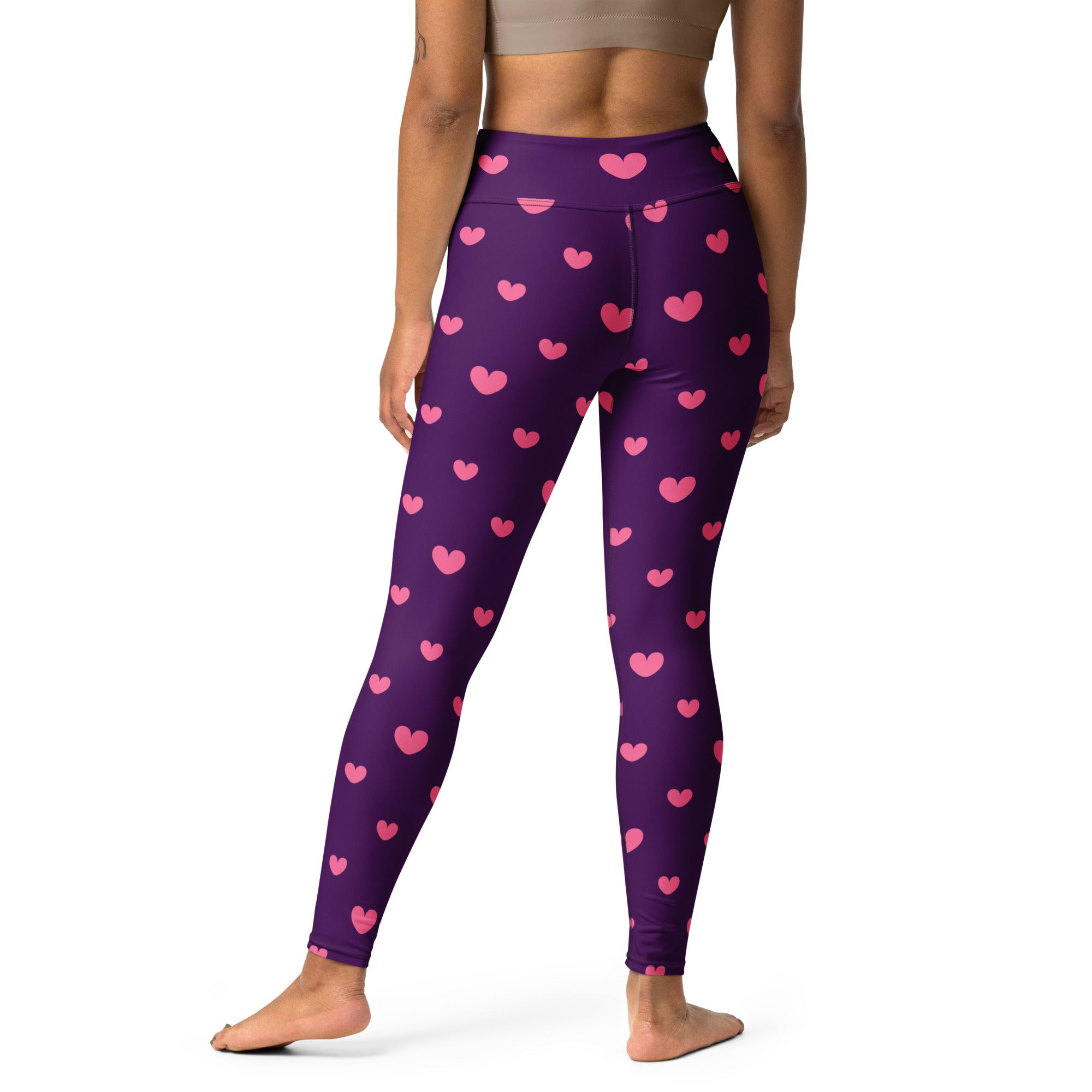 Women’s purple buttery soft yoga leggings with pink heart pattern high waisted quick drying comfort