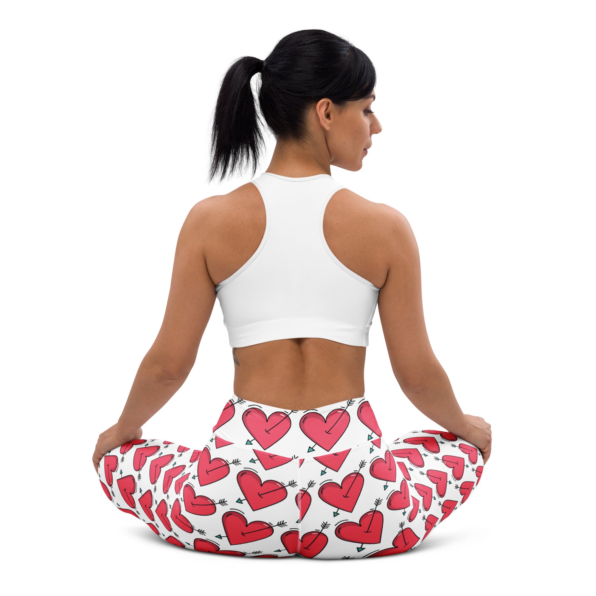 Women’s white buttery soft yoga leggings with red heart and black arrow pattern quick drying high waisted comfort