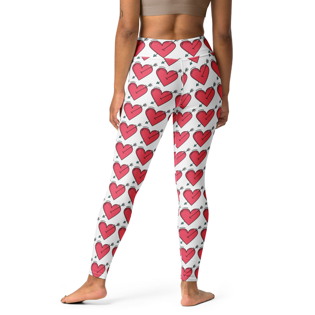 Women’s white buttery soft yoga leggings with red heart and black arrow pattern quick drying high waisted comfort