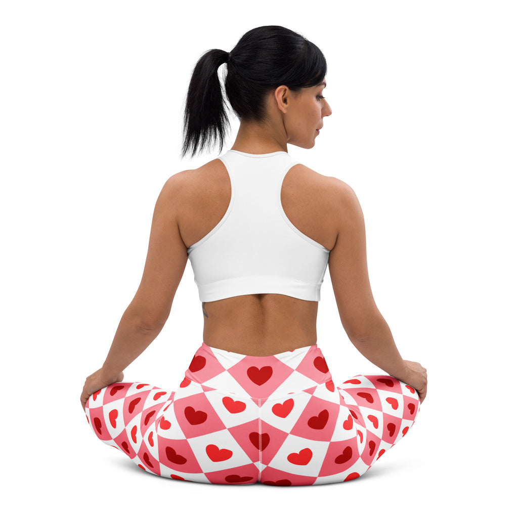 Women’s pink and white heart-patterned quick drying high waisted yoga leggings with buttery soft fabric and checkered design