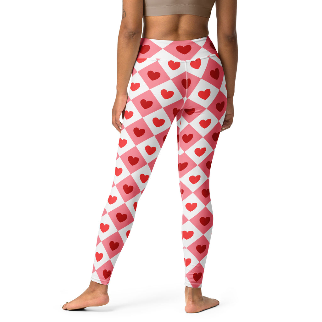 Women’s pink and white argyle buttery soft high waisted yoga leggings with red hearts and quick drying fabric