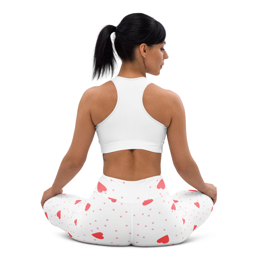 Women’s white buttery soft yoga leggings with red heart and dot pattern high waisted quick drying comfort