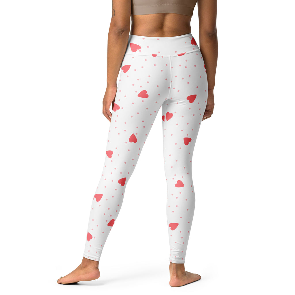 Women’s buttery soft white leggings with red hearts and pink dots high waisted quick drying for yoga
