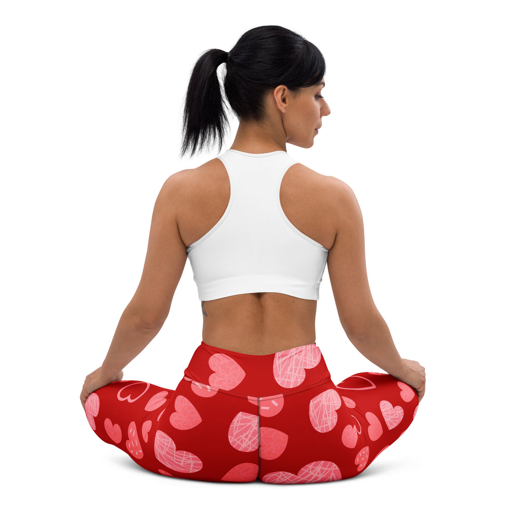 Women’s red heart pattern buttery soft yoga leggings with pink and white outlined hearts high waisted quick drying