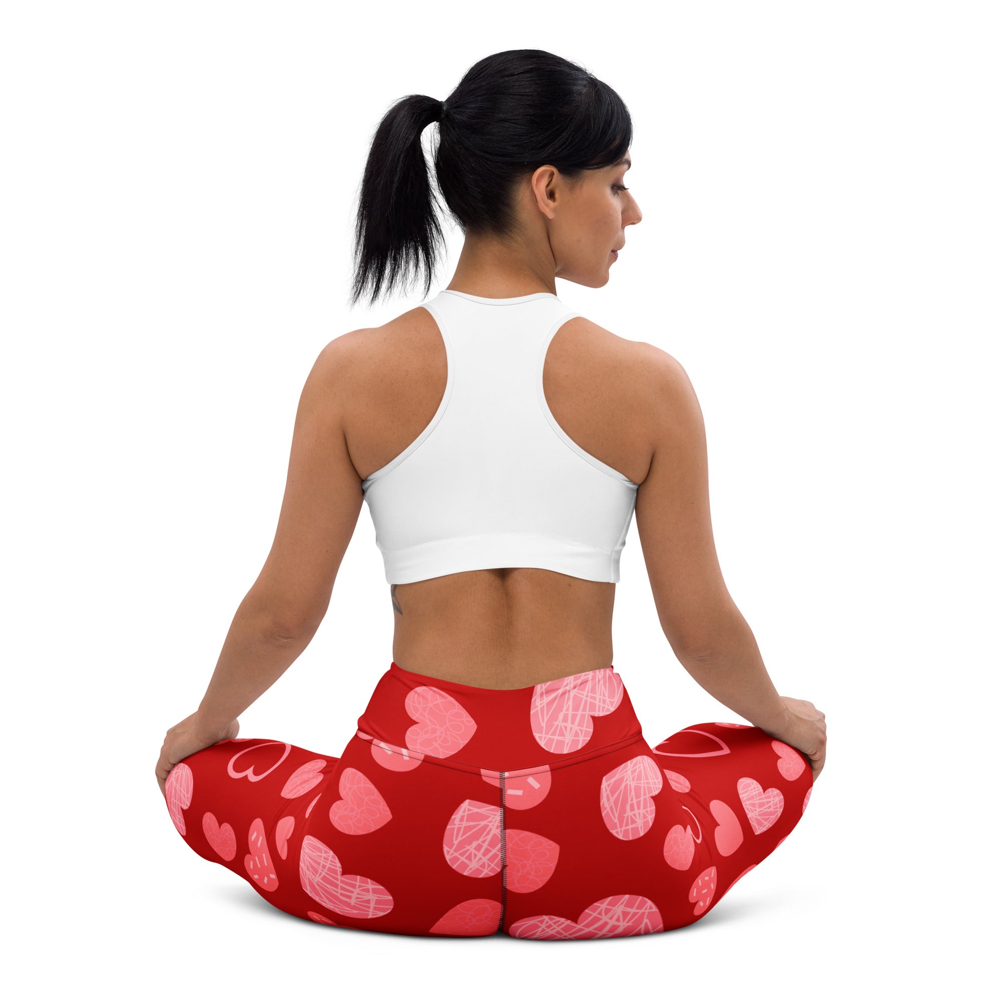 Women’s red heart pattern buttery soft yoga leggings with pink and white outlined hearts high waisted quick drying