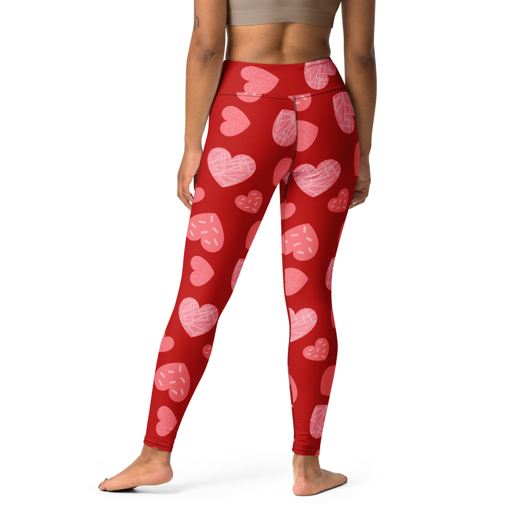 Women’s red heart pattern buttery soft high waisted yoga leggings with quick drying fabric and doodle style hearts