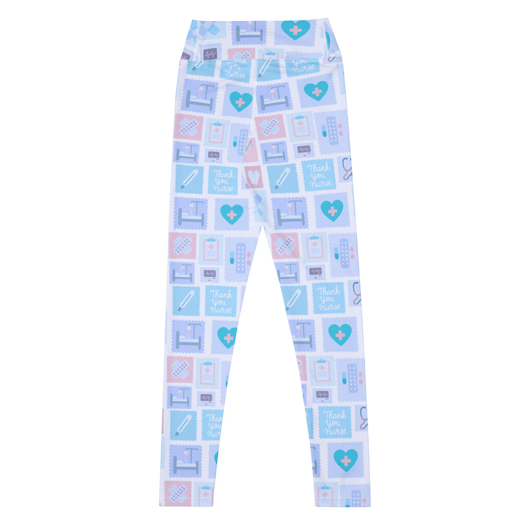 Women’s blue nurse icon buttery soft high waisted yoga leggings with light blue and pink medical-themed patterns