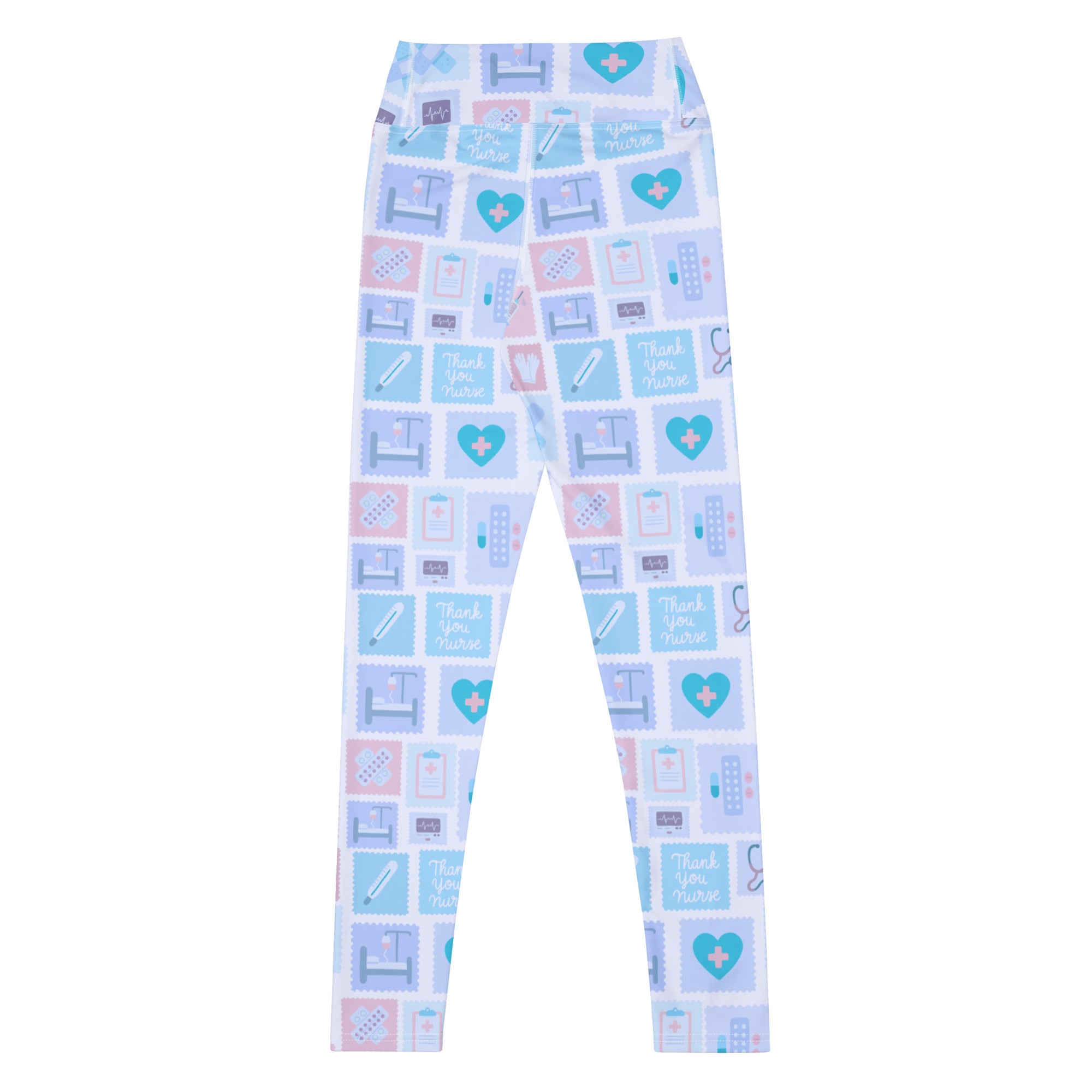 Women’s blue nurse icon buttery soft high waisted yoga leggings with light blue and pink medical-themed patterns
