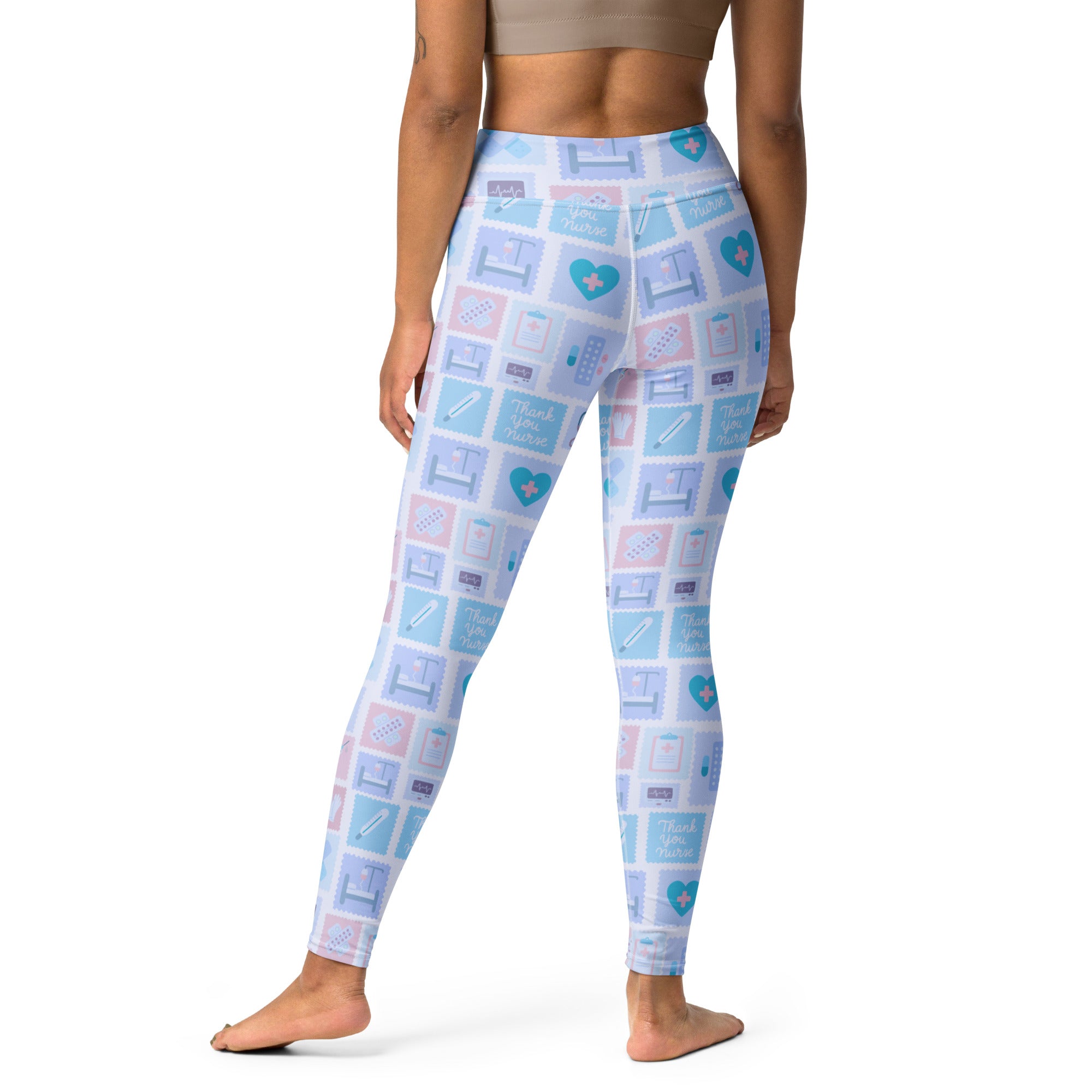 Women’s blue nurse icon buttery soft yoga leggings with quick drying high waisted comfort and medical-themed design