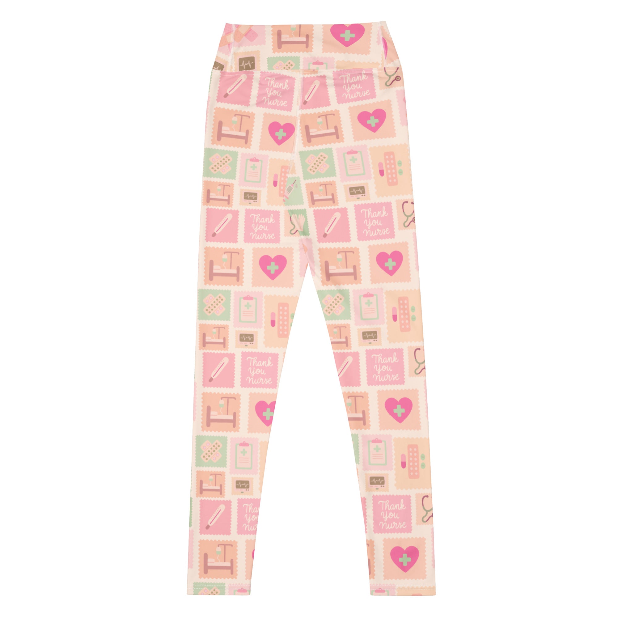 Women’s pink and mint green buttery soft high waisted nurse leggings with thank you nurse design and medical icons
