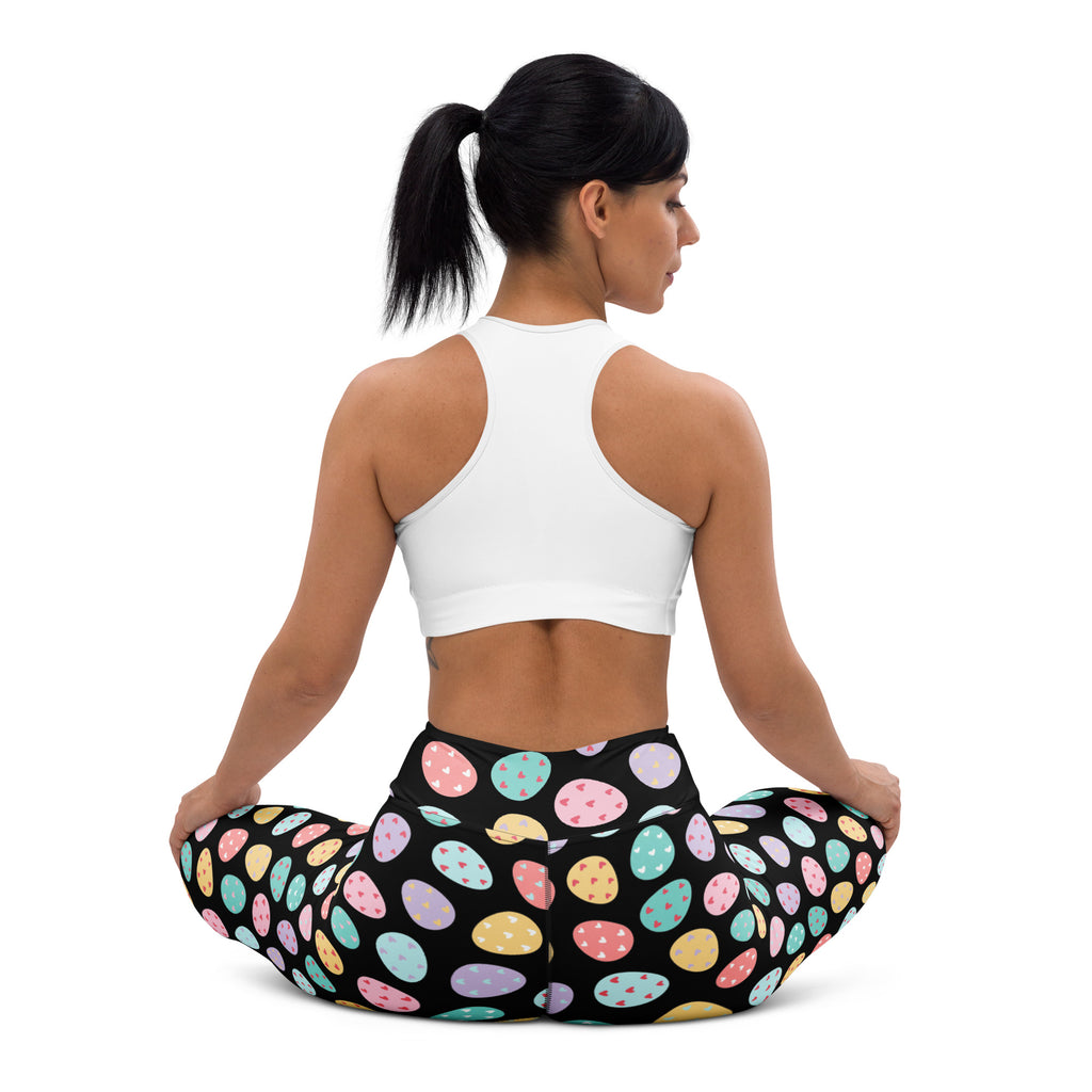 Women’s black buttery soft high waisted yoga leggings with colorful pastel easter egg pattern quick drying