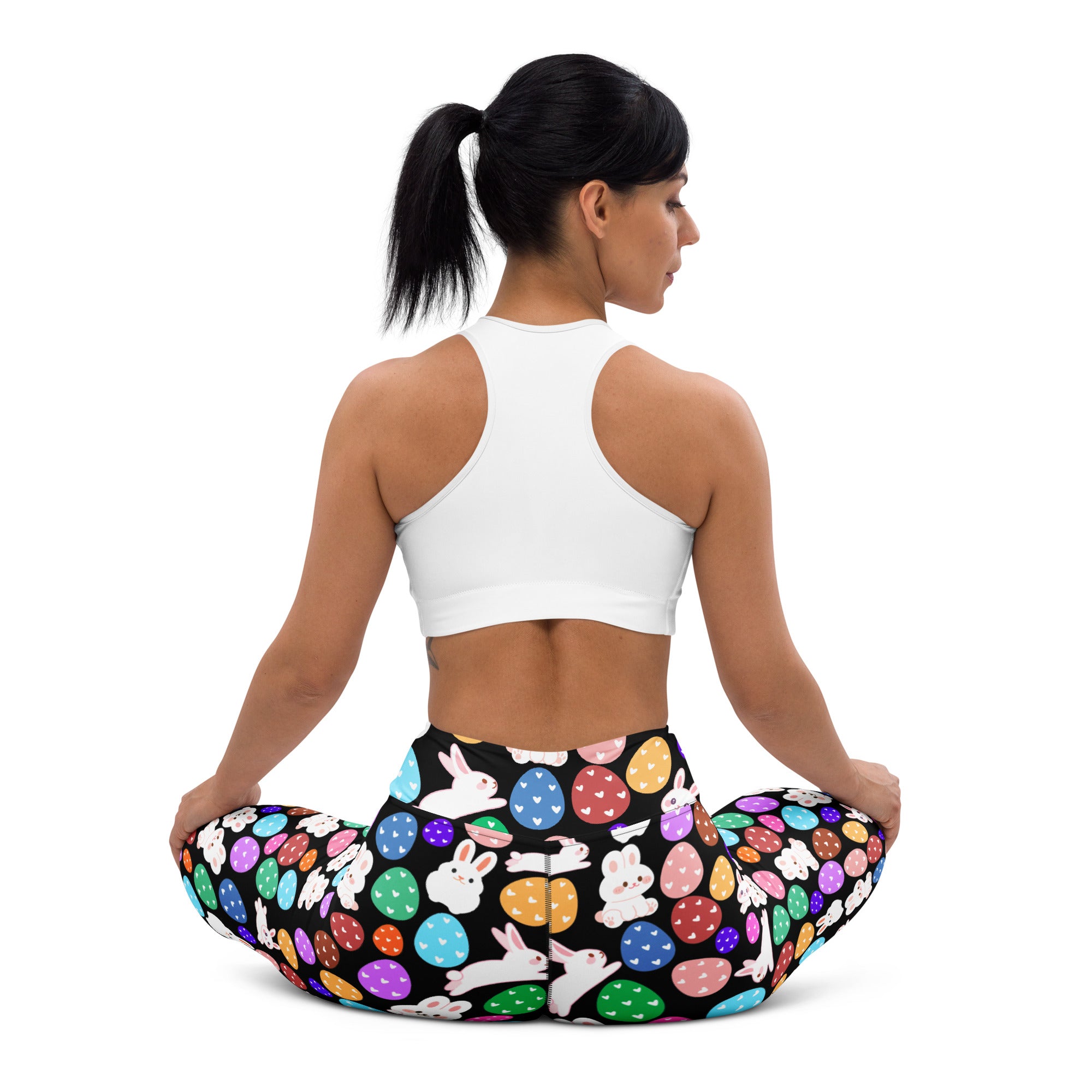 Women’s black buttery soft yoga leggings with colorful easter eggs and white bunny pattern high waisted comfort